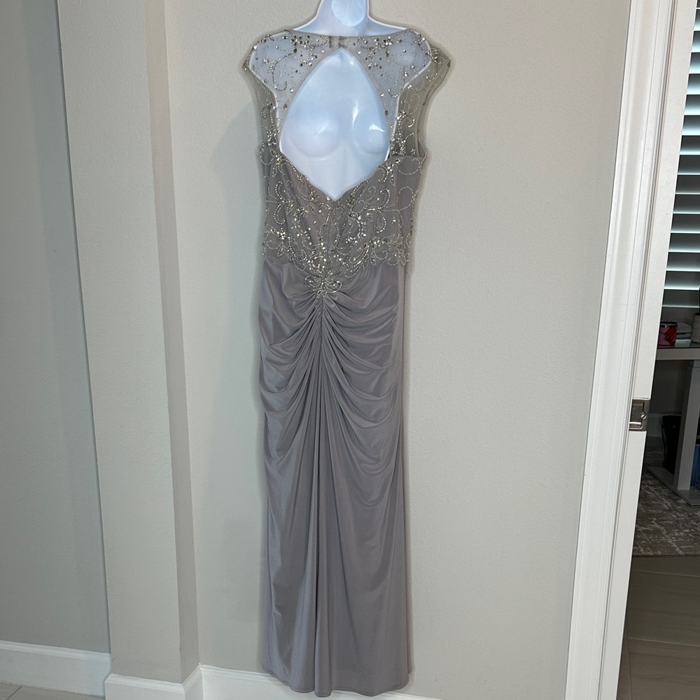 Christina Wu Taupe Embellished Illusion Cap Sleeve Maxi Dress - Picture 3 of 7